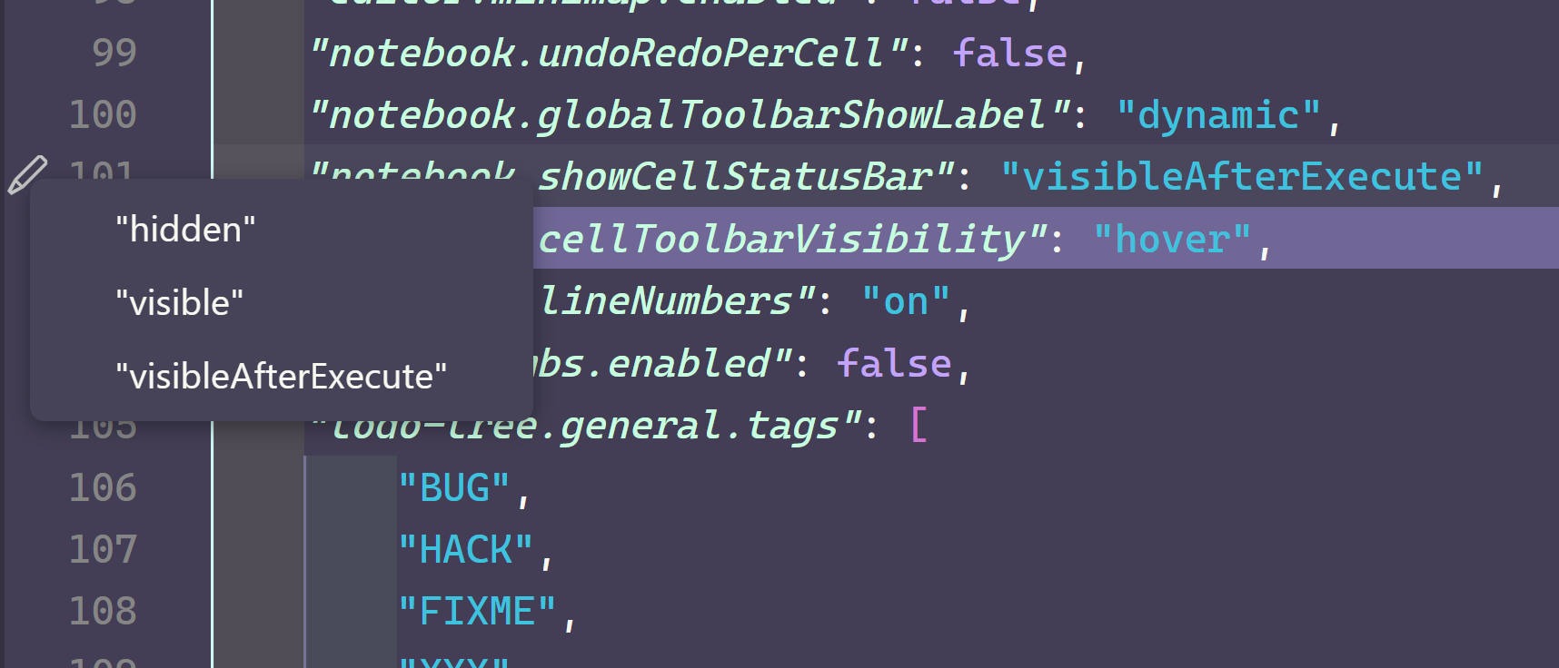 Screenshot of a JSON editor window with a pencil icon in the gutter which has a drop down for the valid setting values for that line.