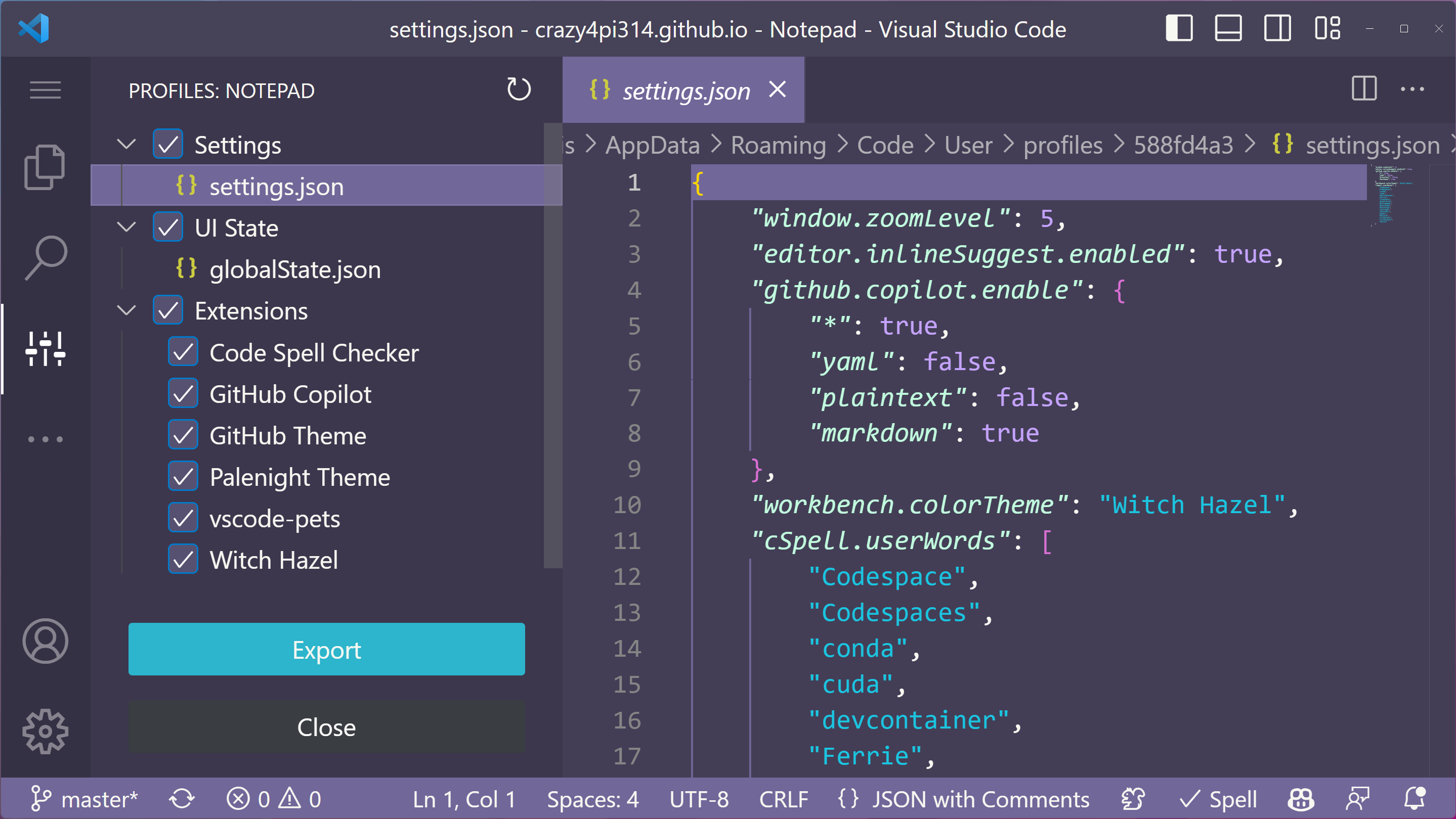 Screenshot of VS Code menu for exporting profiles
